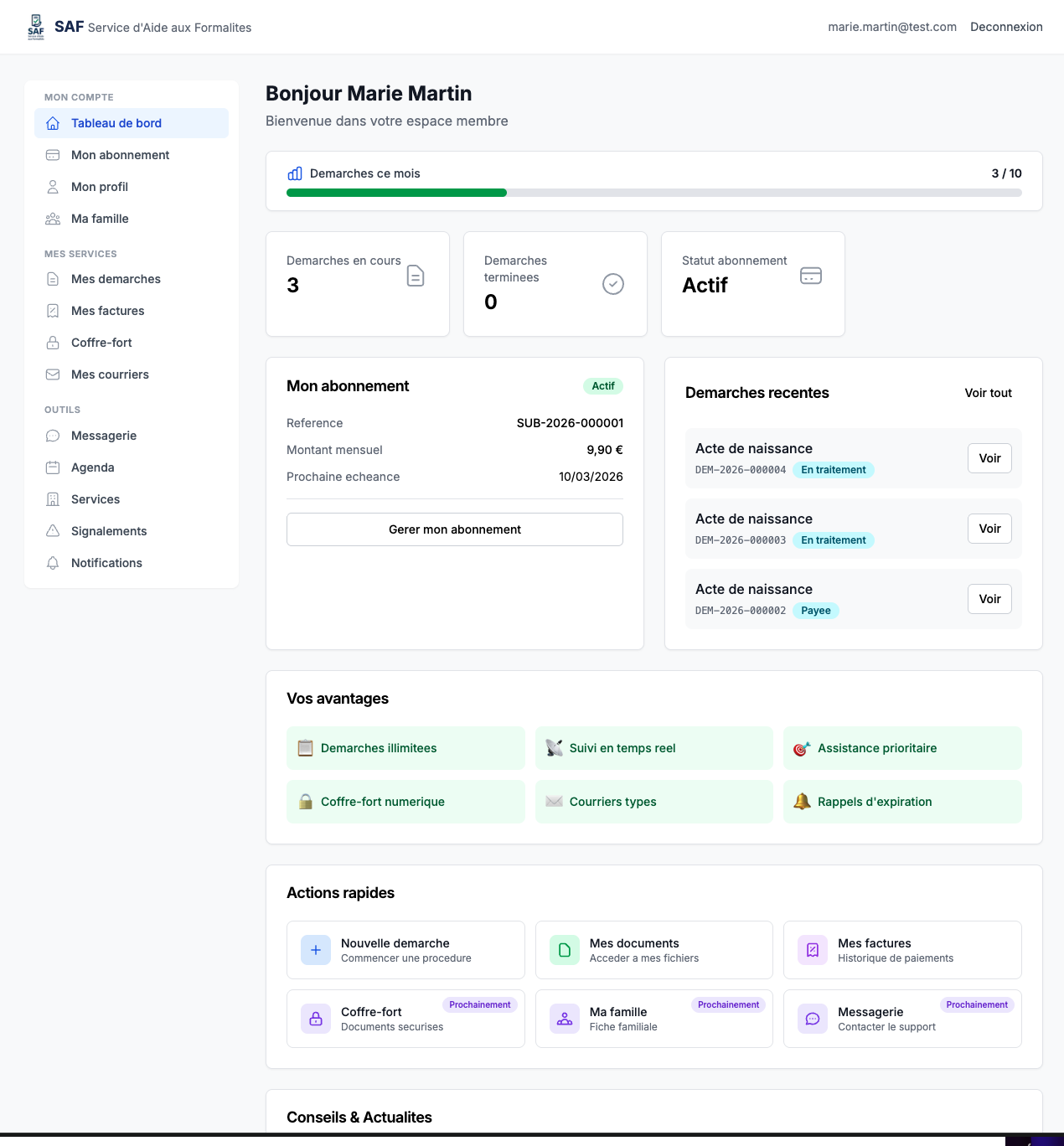 Aperçu de l'espace membre SAF